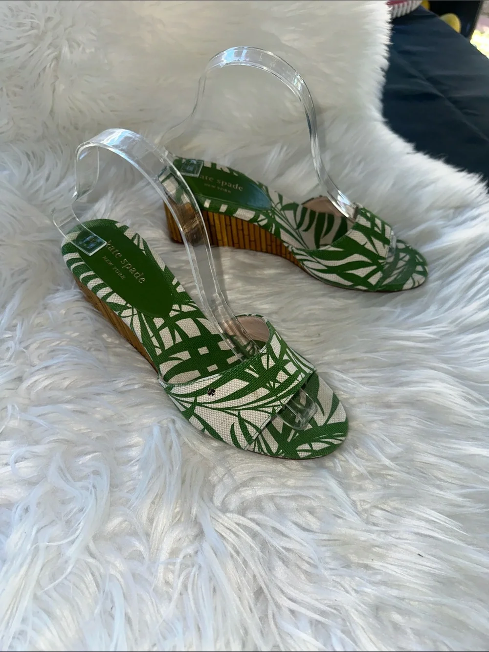 Kate Spade Meena Canvas Green Leaf Print Wedge Sandals